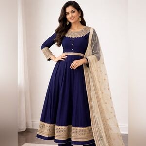Navy Blue Anarkali Suit Set with Gold Embroidery & Dupatta